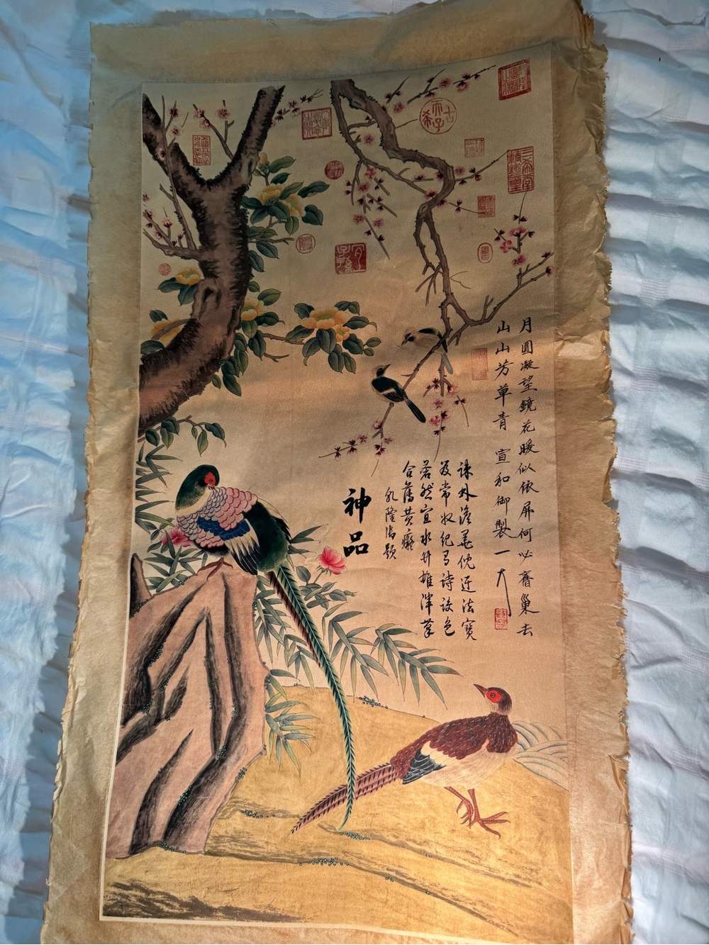 Old Chinese Painting Scroll about Flowers and Birds on Rice paper By Zhao Ji赵佶